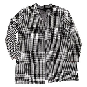 Ann Taylor Herringbone Black White Long Open Cardigan Pockets Cozy Sweater Knit